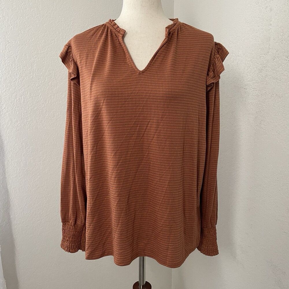 Kaileigh Women’s XL High Neck Knit Top Ruffle Striped Orange Brown Long Sleeve